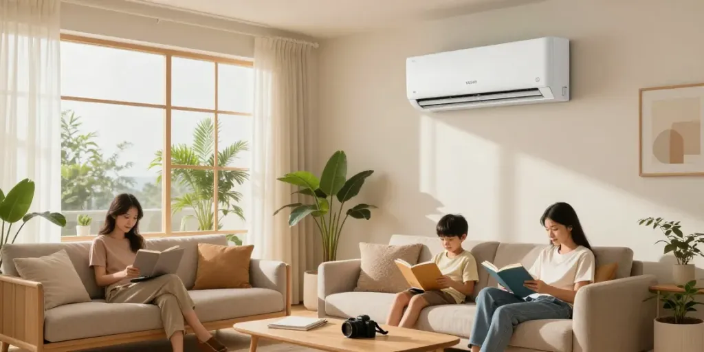 Family enjoying comfort with an 18000 BTU mini split cooling their living space, showcasing a cozy home atmosphere.