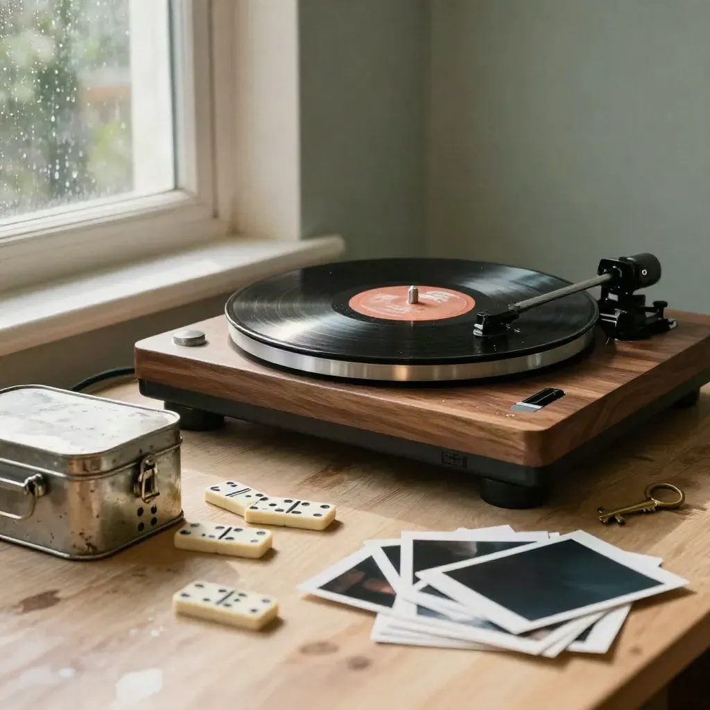 Walnut turntable with vinyl, lunchbox, dominoes, tin toy and photos in warm post-rain light.