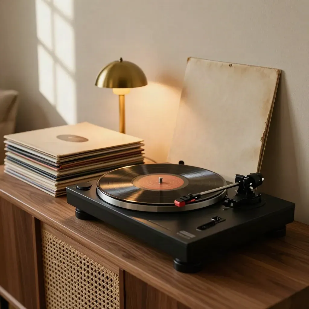 Turntable spinning with stacked vinyl sleeves and a warm brass lamp on a walnut console.