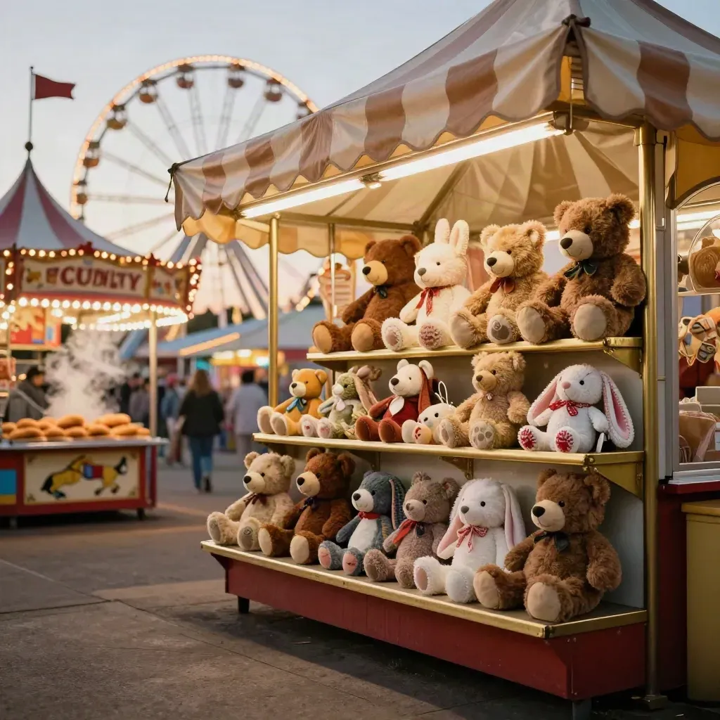 Low-angle county fair prize booth with plush toys, steam, and glowing ferris-wheel lights at dusk.