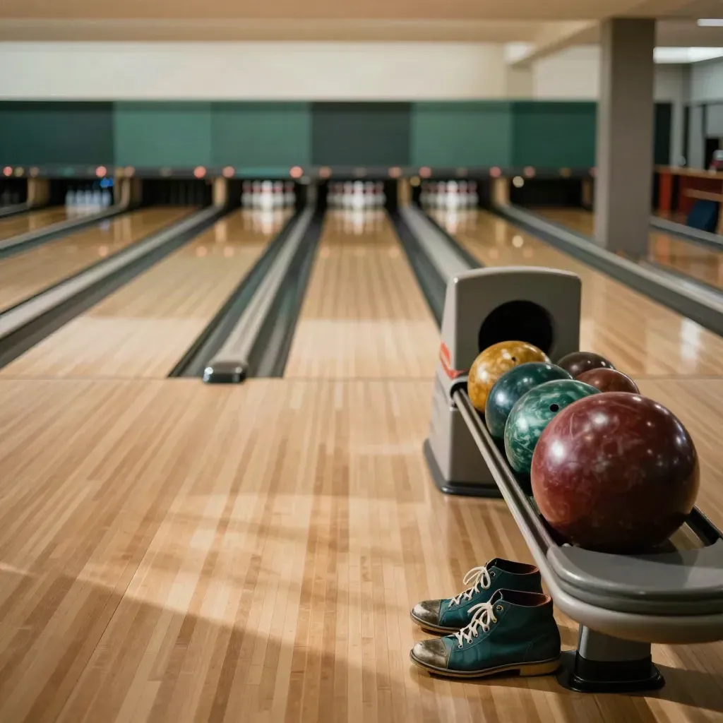 Retro bowling alley lane with rental shoes, ball return, and glowing lights