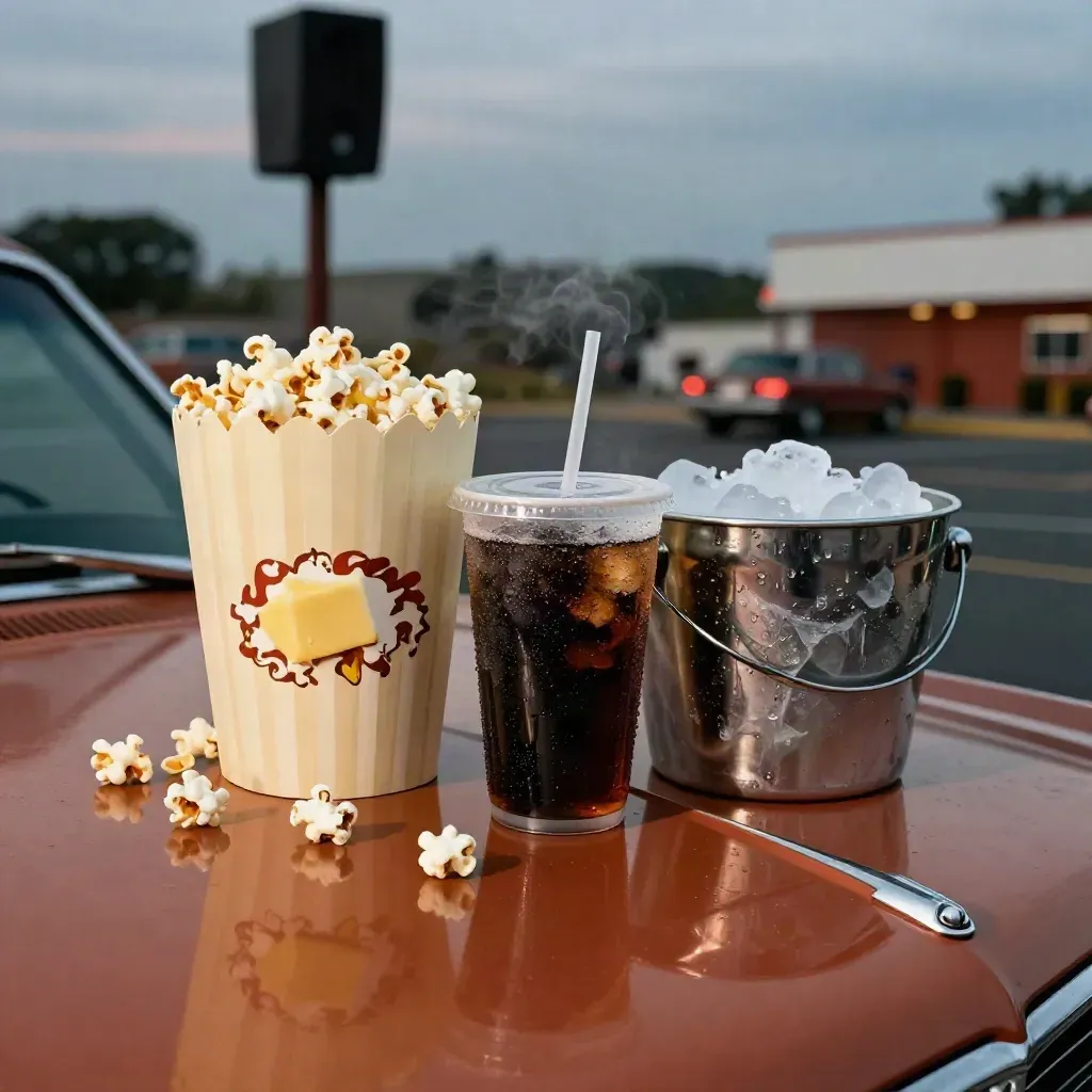 Drive-in snacks on a car hood at dusk with popcorn, soda, and ice