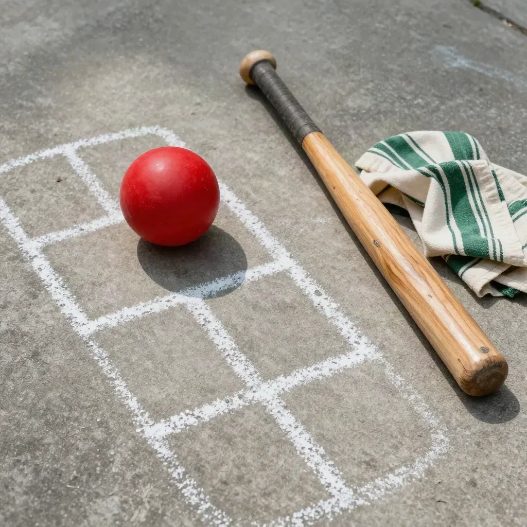 Red rubber ball, bat, hopscotch chalk and striped cloth on worn concrete in warm daylight.
