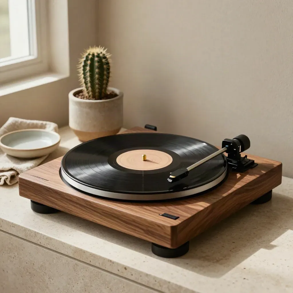 Walnut turntable with spinning vinyl, cactus, linen cloth and ceramic dish on pale stone.