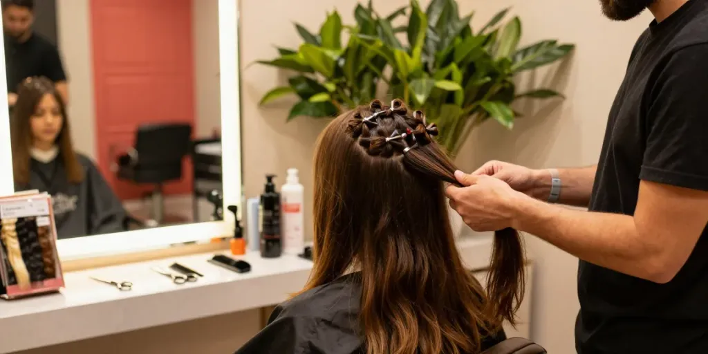 Salon quality sew in weft extensions applied in a chic salon, showcasing professional hair styling.